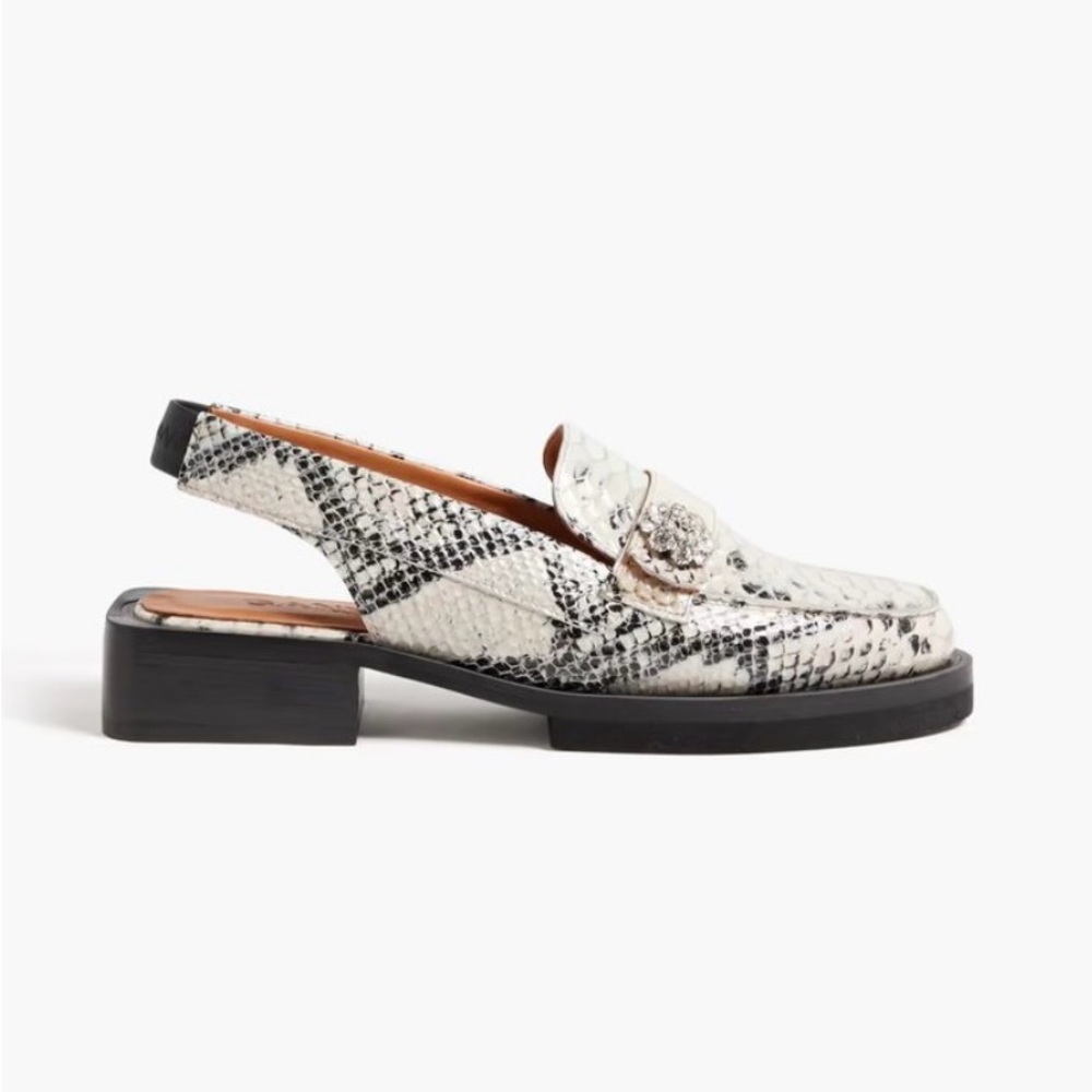 Ganni Loafers - Crystal-embellished snake-effect leather slingback loafers.